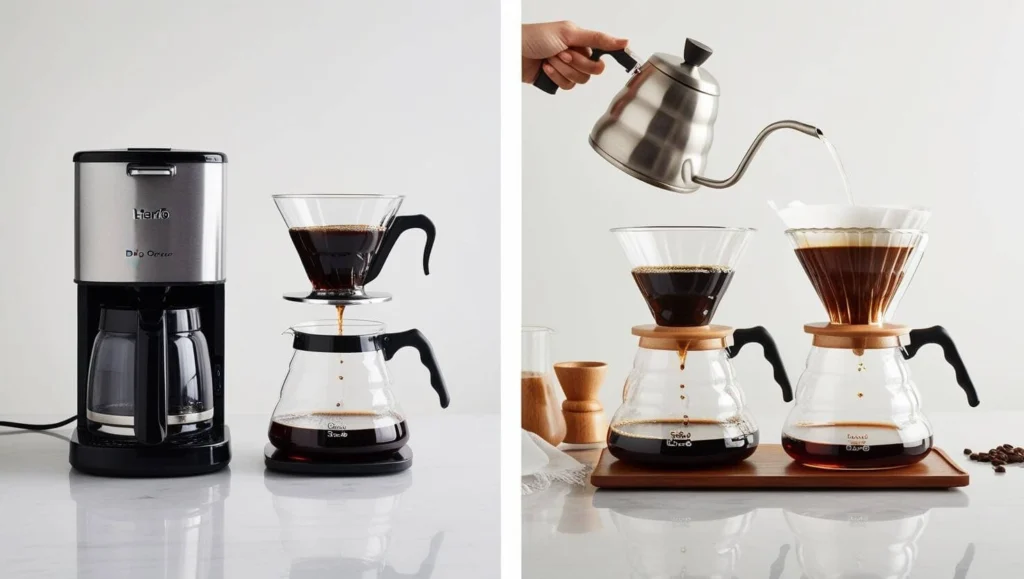 Side-by-side comparison of a traditional drip coffee maker and a pour-over setup, showing the different equipment and brewing methods
