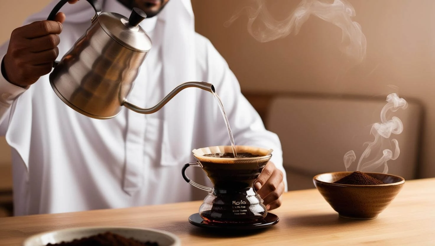 A person carefully pouring water over coffee grounds in a pour-over brewer, with steam rising and the aroma of fresh coffee filling the air