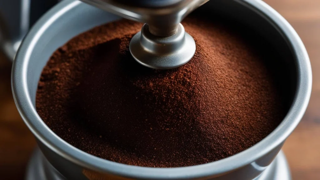 Close-up of coffee beans being ground in a burr grinder, with the fine coffee grounds collecting in the container below