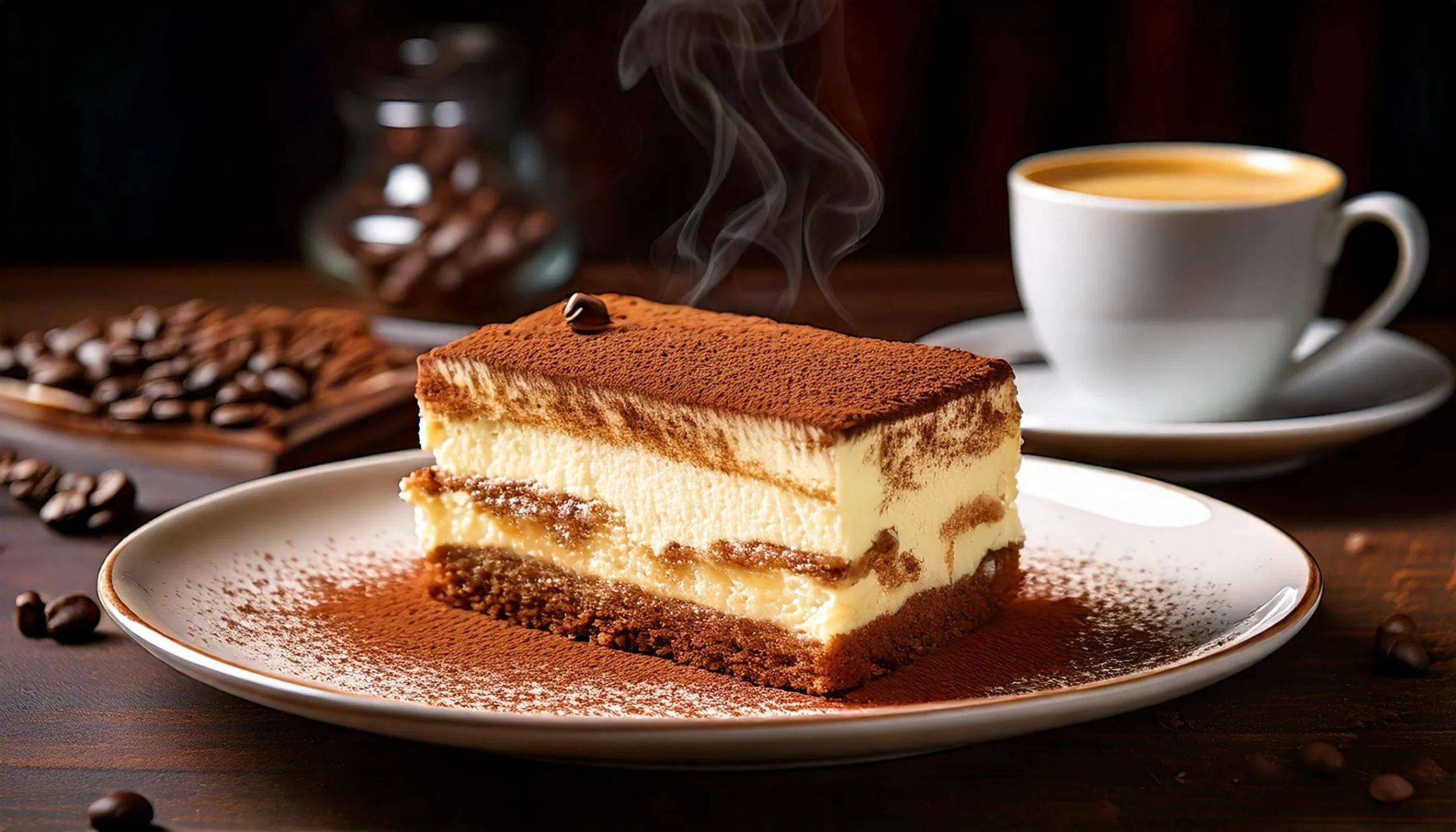 A close-up photo of a slice of tiramisu cheesecake bar, showing the layers of creamy cheesecake, coffee-soaked ladyfingers, and cocoa powder dusting